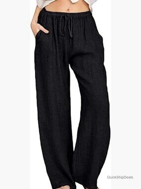 Cotton Linen Drawstring High Waisted Wide Leg Pants Casual Loose Fit